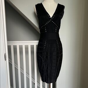 French Connection Black Stud-Trim V-Neck Midi Dress